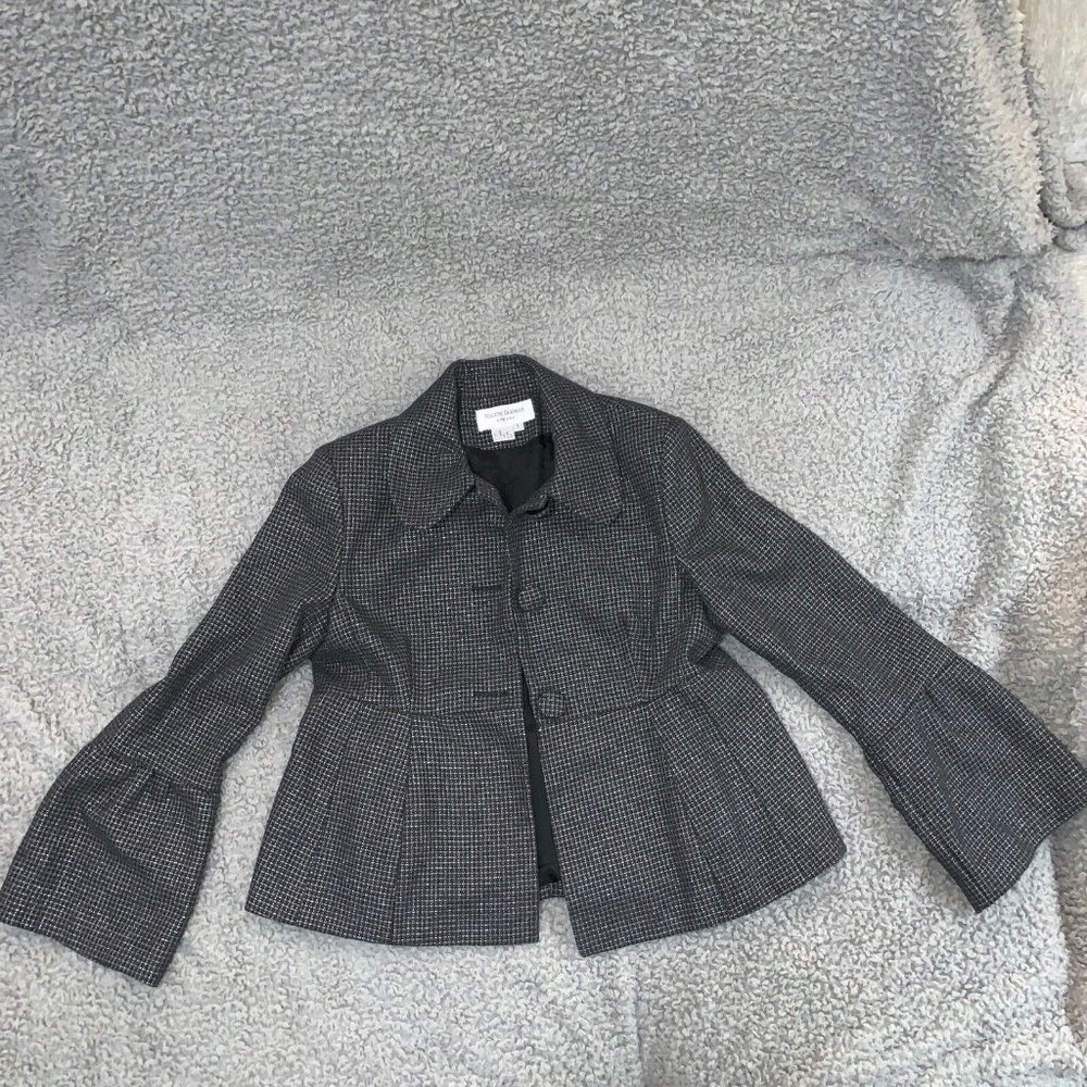 Vintage 90s Helene Berman Tweed Jacket Bell Sleeve Empire Waist Size L Grey Rare